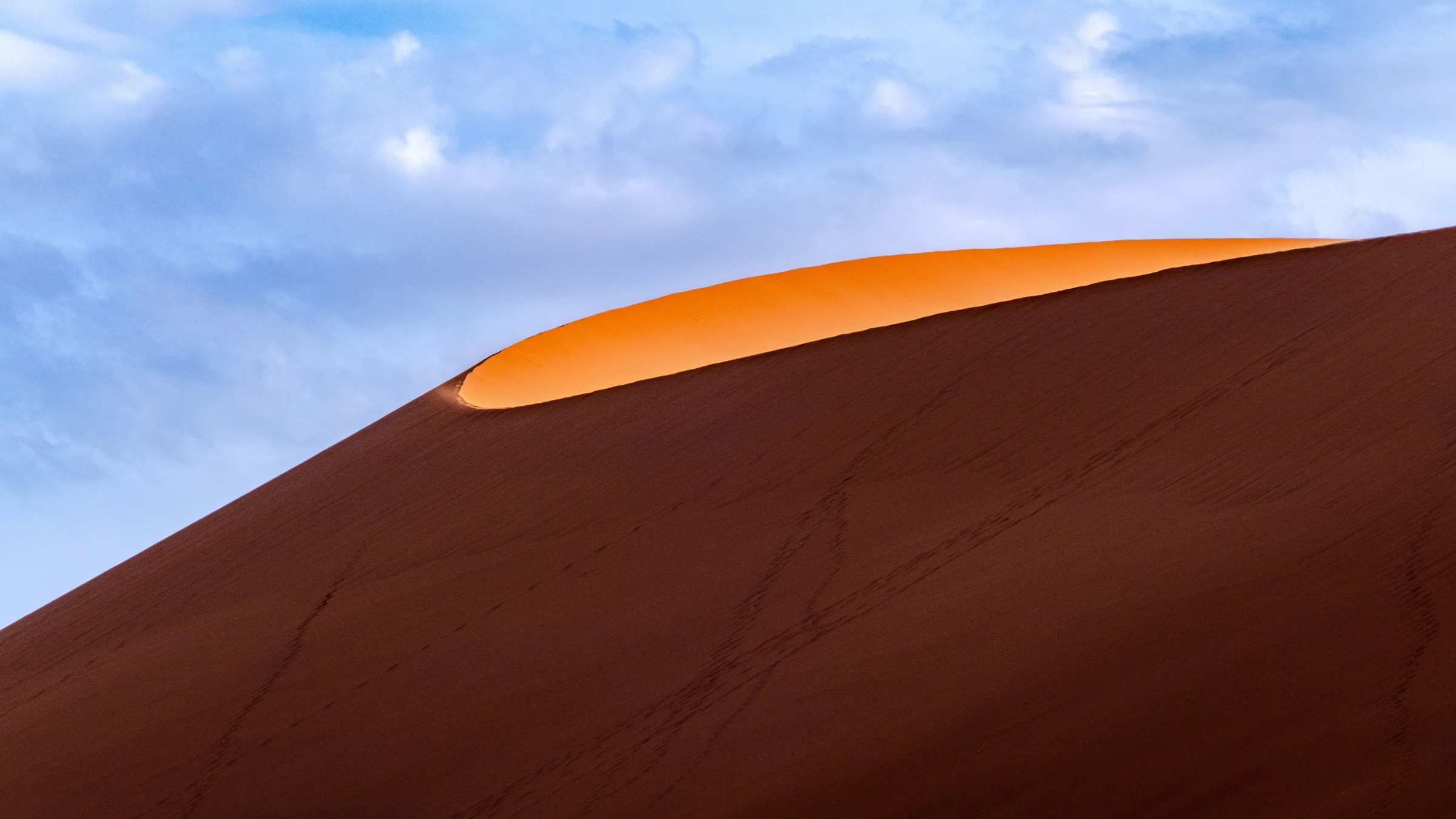Sossusvlei|一彎亮橘色沙脊浮在深色坡面之上,光影將沙丘勾勒成簡潔的曲線。